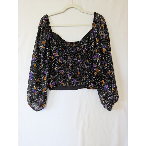 ASTR Shirred Puff Sleeve Sweetheart Neck Floral Smocked Top Size L Boho Black - Picture 4 of 9